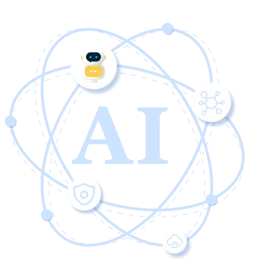 AI letter with icons orbiting